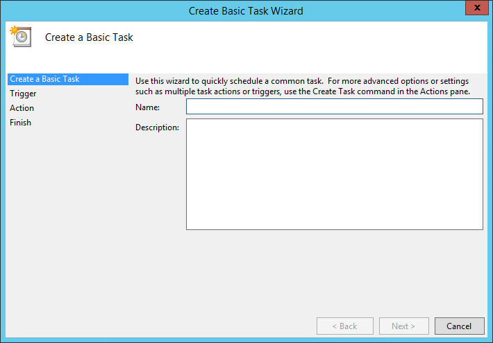 Create Basic Task Wizard screen with Create a Basic Task highlighted in the list of steps on the left and fields to enter a Name and Description for the task on the right as well as a Cancel button at the bottom right of the screen and a Close button in the top right corner